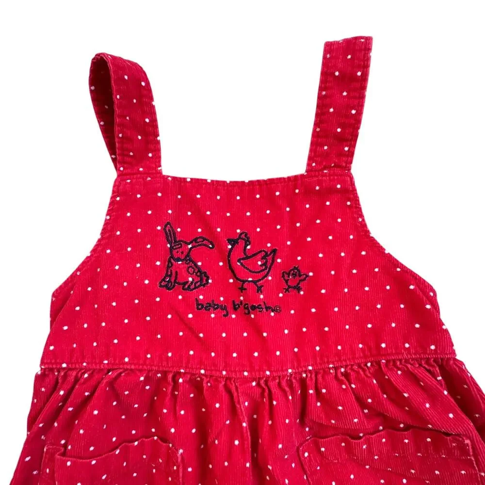 Vtg OshKosh Red Corduroy Polka Dot Overalls Embroidered Farm Animals 12M